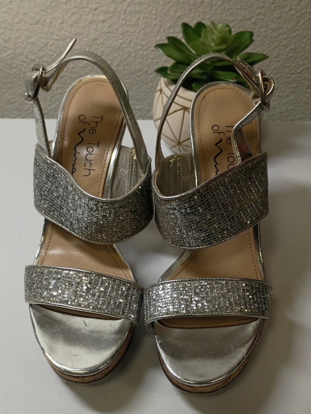 Touch of Nina Silver Glitter Peep-Toe Slingback Wedges